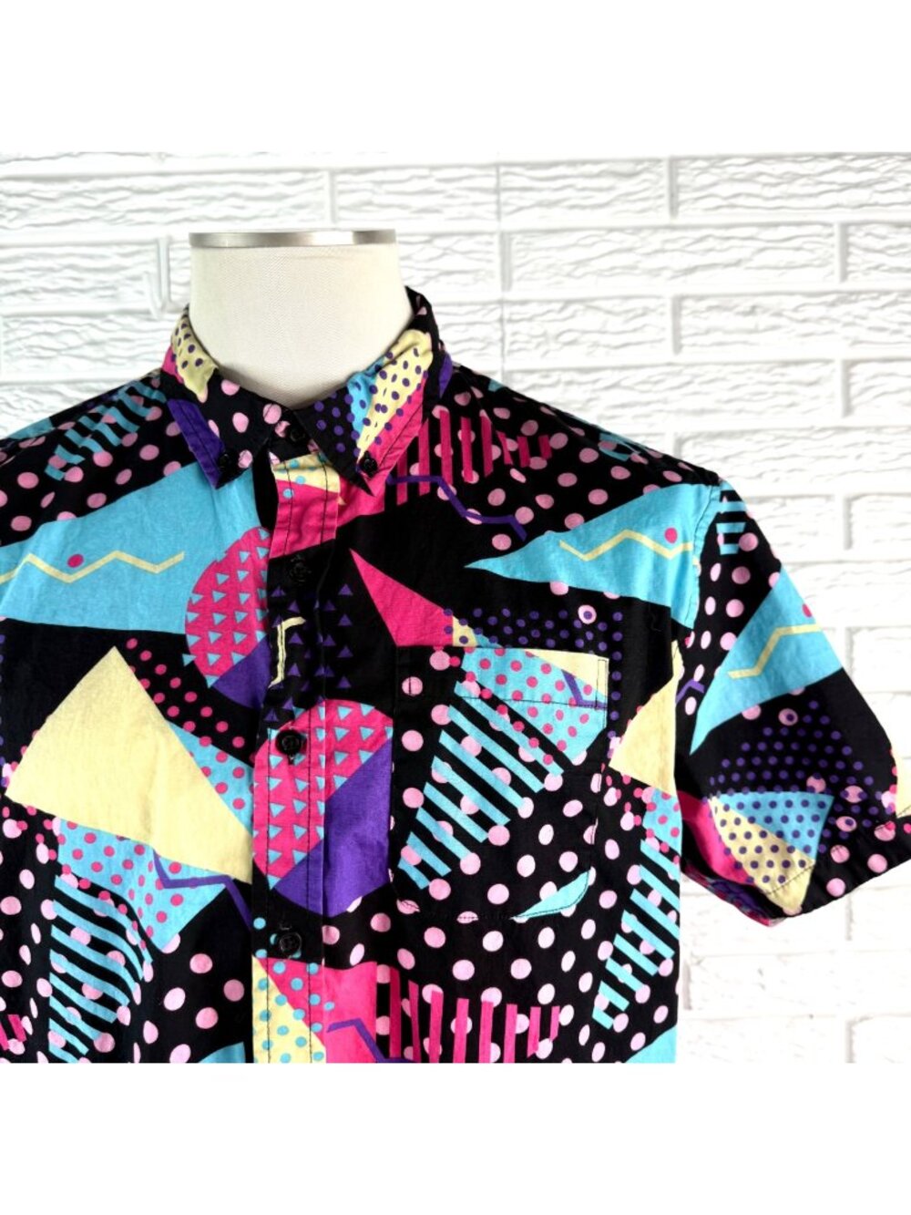 Massive Retro 80s 90s Geometric Pattern Short Sleeve Button Up Shirt Size Large